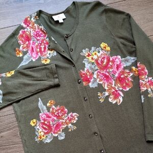 Quacker Factory Embellished Knit Cardigan Sweater - Green Floral Sequin - Large